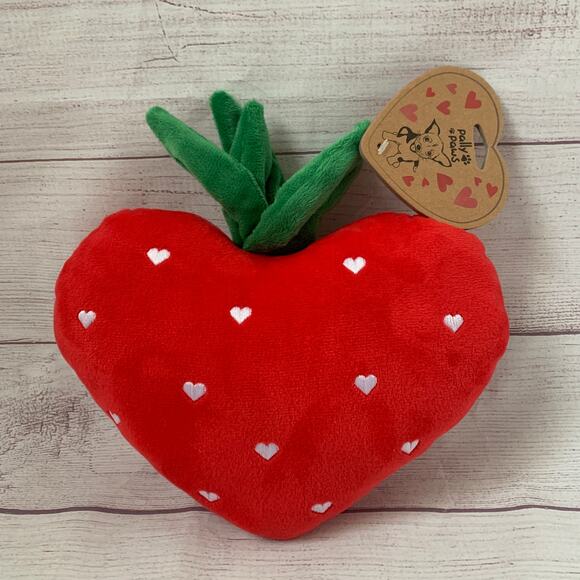 Pally Paws Red Heart Shaped Strawberry Plush Dog Toy with Embroidered Hearts - Picture 1 of 11
